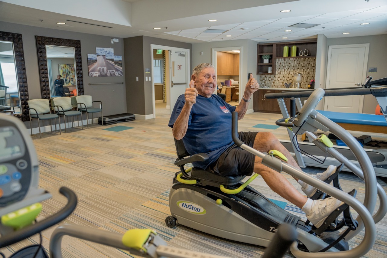 An older adult exercises at Alamar Senior Living to help prevent falls